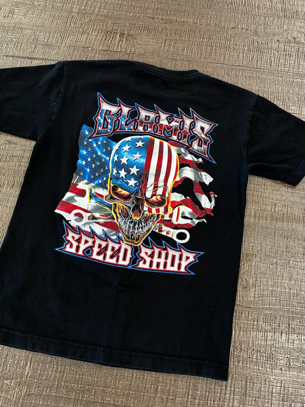 Black Graphic Tee with American Flag Skull -